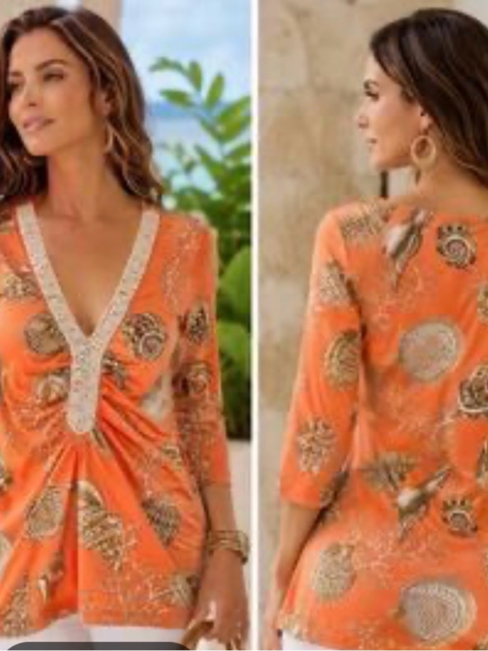 Boston Proper seashell-print tunic top featuring a beaded V-neckline Medium